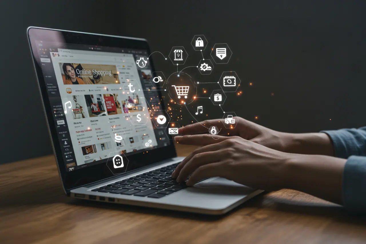 dłonie stukacjące w klawiaturę laptopa jako nawiązanie do marketingu w social mediach