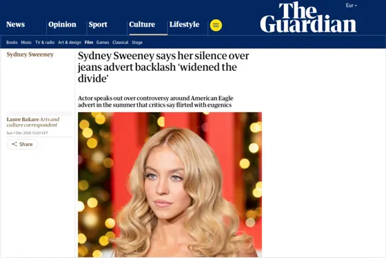 screen z portalu The Guardian o głośnej kampanii z Sydney Sweeney