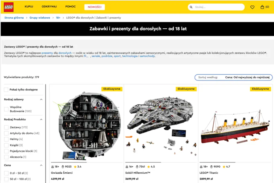 Zestawy Lego dla dorosłych - screen ze sklepu Lego