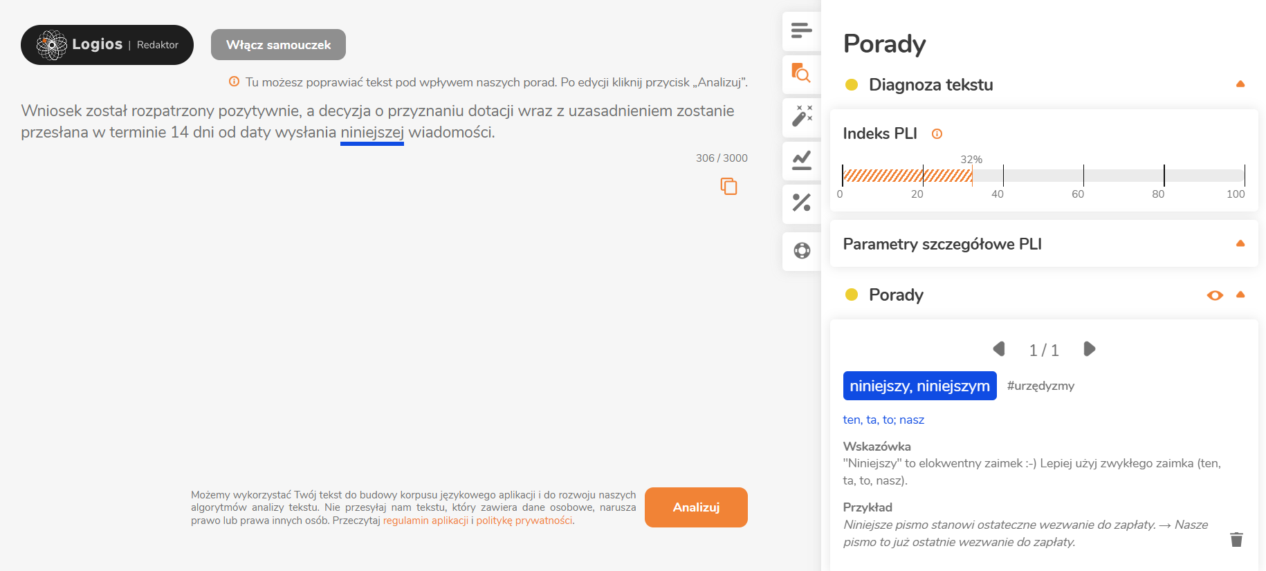 screen z LOGIOS ułatwiającego stosowanie zasad prostego jezyka